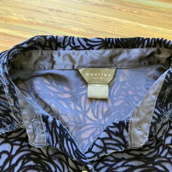 Mantles Petite Silk Blend Burnout Velvet Shirt Navy Sheer Rose Pattern Blouse - Picture 5 of 8